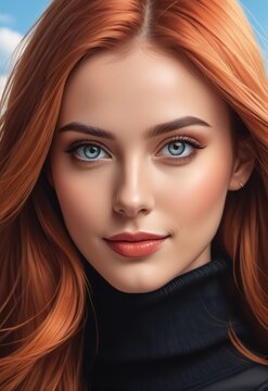 The image is of a close-up of a woman with long red hair and blue eyes. She has a serious expression and is wearing a black turtleneck. The background is blurry and there are buildings visible in the 