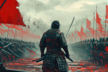 illustration painting A samurai with a katana stands ready to fight against a huge army. 3D illustration, digital art style.