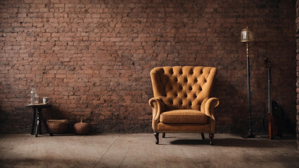 A quaint and charming living room with an antique armchair standing in front of a brick wall. generative AI