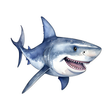  Great Shark in Blue Ocean Water, watercolor clip art