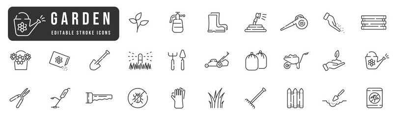 Gardening line icon set. Plant, flowerpot, seed, shovel, sprout, tool etc. Editable stroke