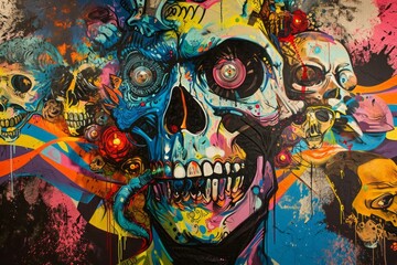 Psychedelic Skulls Graffiti Art on Urban Wall