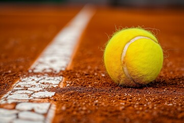 macro detail of a yellow tennis ball on a clay tennis cour with white line - obrazy, fototapety, plakaty