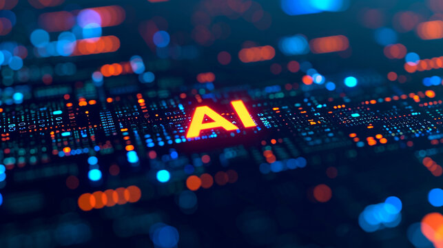 "AI" on a digital tablet amidst a code matrix background, artificial intelligence, blurred background, with copy space