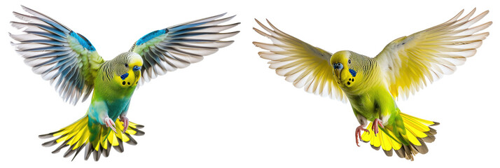 Collection set Flying budgerigar bird isolated on white or transparent background PNG