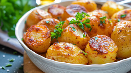 Boiled new or young potatoes with butter, fresh dill and onions in white bowl on dark old rustic wooden background. Tasty new boiled potatoes. Top view.
