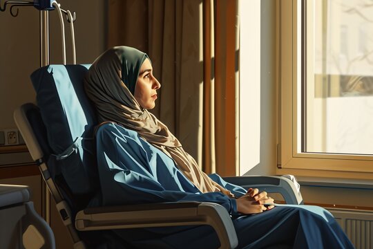 A woman wearing a hijab sitting in a hospital bed. Generative AI