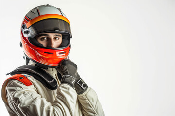 Race driver posing with a helmet on white background