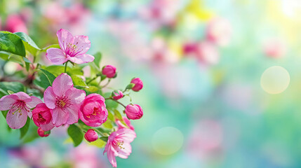 Spring-Themed Background. Green Season With Nature Accent. Blossoming Background With Pink Flowers And Soft Bokeh. Nature Background With Copy Space