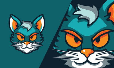 Obraz premium angry vector cat head, orange blue color on blue background suitable for logo, esport, web etc.