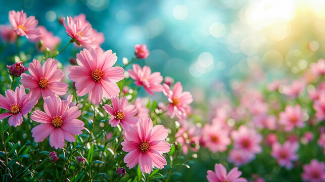 Spring-Themed Background. Green Season With Nature Accent. Blossoming Background With Pink Flowers And Soft Bokeh. Nature Background With Copy Space