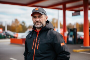 Portrait of a middle aged man working at gas station - obrazy, fototapety, plakaty