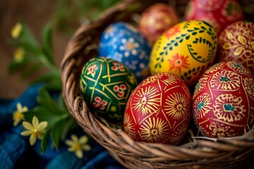 Fototapeta na wymiar Hand-Painted Easter Eggs in Wicker Basket 