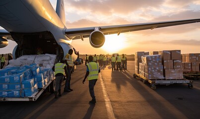 A group of people loading boxes onto a plane - obrazy, fototapety, plakaty