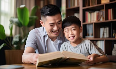 A father and son are reading a book together