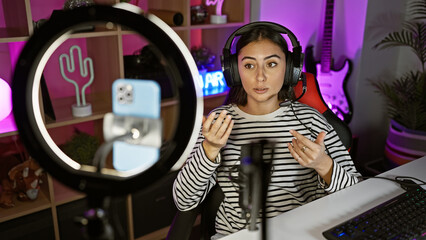 Serious young hispanic woman with headphones in a gaming room looking at a smartphone during a nighttime streaming session. © Krakenimages.com
