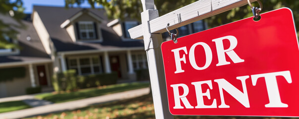 Red for rent real estate sign in front of beautiful house - obrazy, fototapety, plakaty