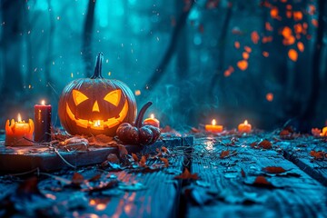 Spooky Halloween Pumpkins and Witch in Mystic Forest