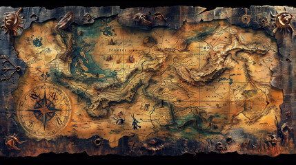 An old, detailed pirate map with adventure symbols.
