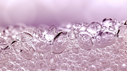 Macro shot of translucent soap bubbles with a purple hue.