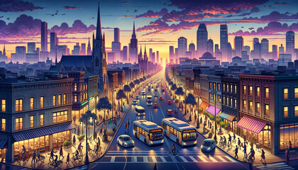 Vibrant cityscape at sunset with bustling streets and urban skyline