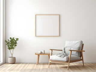 Living room with chair and blank white frame mockup on the wall