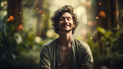 Happy young man taking a deep breath sitting in a green forest in the background practicing yoga.