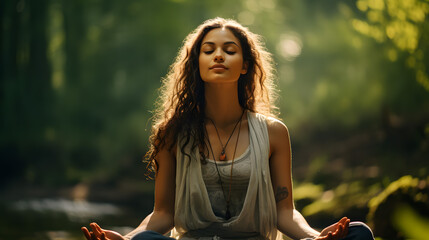 A young, happy woman breathing deeply sitting in a green forest in the background practicing yoga.