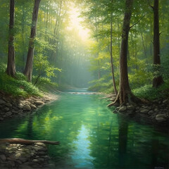 painting of river in forest body of water,tree Generative AI