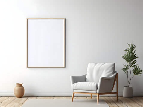 Living room with chair and blank white frame mockup on the wall © tanjidvect