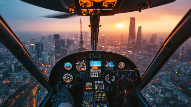 Helicopter cockpit flying on mountain landscape and cloudy sky, with pilot arm driving in cabin. Spectacular aerial view of Alps. - Powered by Adobe