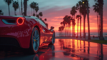 Sleek red sports car parked by a beach with palm trees at sunset.