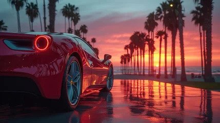 Fotobehang Sleek red sports car parked by a beach with palm trees at sunset. © Tiz21