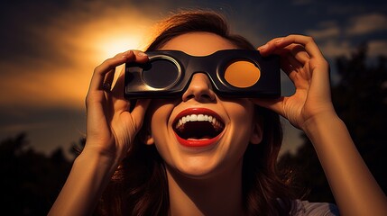 Laughing young Caucasian woman in special sunglasses looks at the sky and solar eclipse, excitedly watching phenomenon - obrazy, fototapety, plakaty