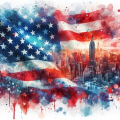 New York City pride, American flag abstract watercolor illustration.	