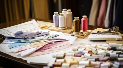 Assorted Threads on a Table, A Colorful Collection of Varied Spools and Skeins