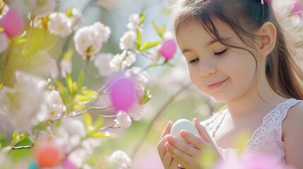 Obraz na płótnie Canvas A heartwarming image of a cute and joyful girl enjoying an Easter egg hunt in a blooming garden