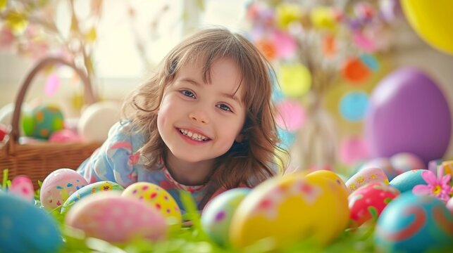 A joyful scene of a child celebrating Easter, surrounded by vibrant Easter eggs and colorful decorations