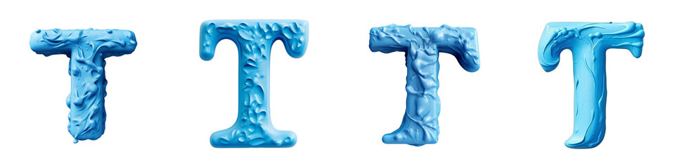 Fototapeta premium Blue Plasticine style lettering, alphabet, logotype, letter T isolated on a transparent background