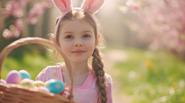 A charming image of a cute and joyful girl wearing bunny ears and holding a basket filled with Easter eggs, enjoying the festive celebration