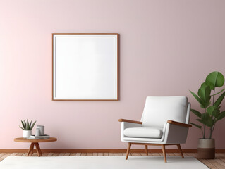 Living room with chair and blank white frame mockup on the wall