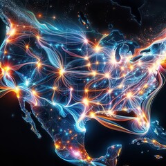 Obraz premium Luminous Threads: Tracing Energy Flow Across the USA's Electrical Grid Map