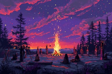 Mystical Evening Bonfire Gathering Under Starry Sky
 - obrazy, fototapety, plakaty