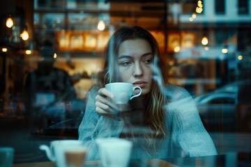 Cafe Chronicles: A Cozy Moment Captured - Girl Sipping Coffee Through the Window