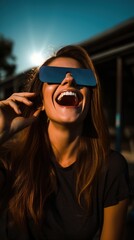 Laughing young Caucasian woman in special sunglasses looks at the sky and solar eclipse, excitedly watching phenomenon - obrazy, fototapety, plakaty