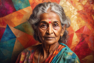 Portrait of an old Indian woman on a multicolored background