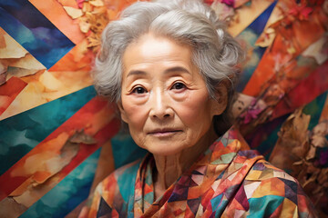 Gorgeous beauty of old Japanese woman close up on abstract trianglic colorful background. Grandma, grandma, grandma