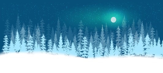 Winter background with pine trees at night in moonlight