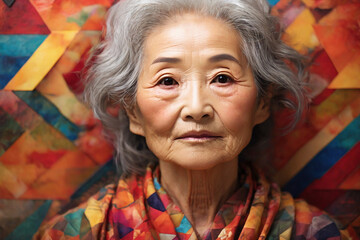 Magnificent beauty of old Chinese woman close up on abstract trianglic colorful background. Grandma, grandma, grandma