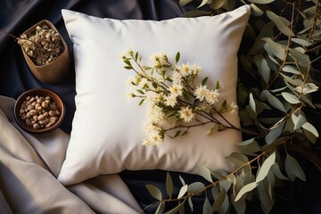 White pillow on the background of decor. Pillow mockup. Home cozy decor. Twigs, dried flower.